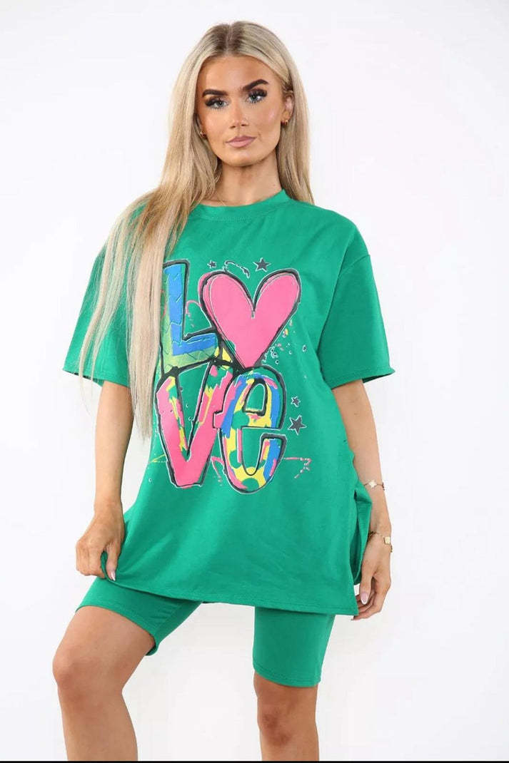 Love Slogan Co-Ord Set – Side Slit T-Shirt & Cycling Shorts