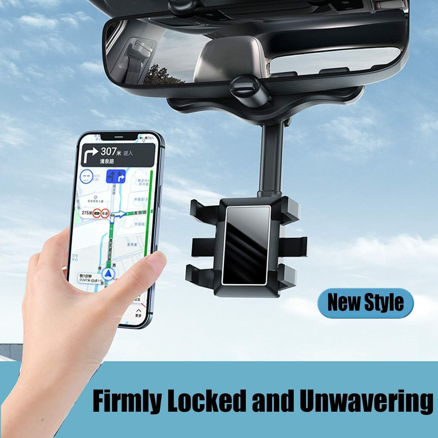 Rotatable and Retractable Rearview Mirror Car Phone Holder – UK Stock