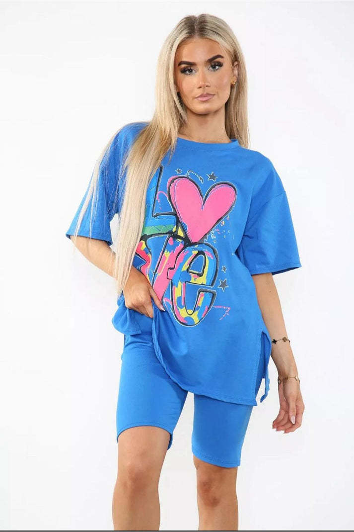Love Slogan Co-Ord Set – Side Slit T-Shirt & Cycling Shorts