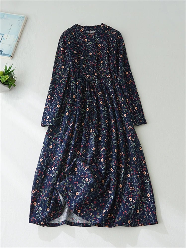 Vintage Cotton Print Dress for Women | Spring Autumn Casual Wear - Adistore
