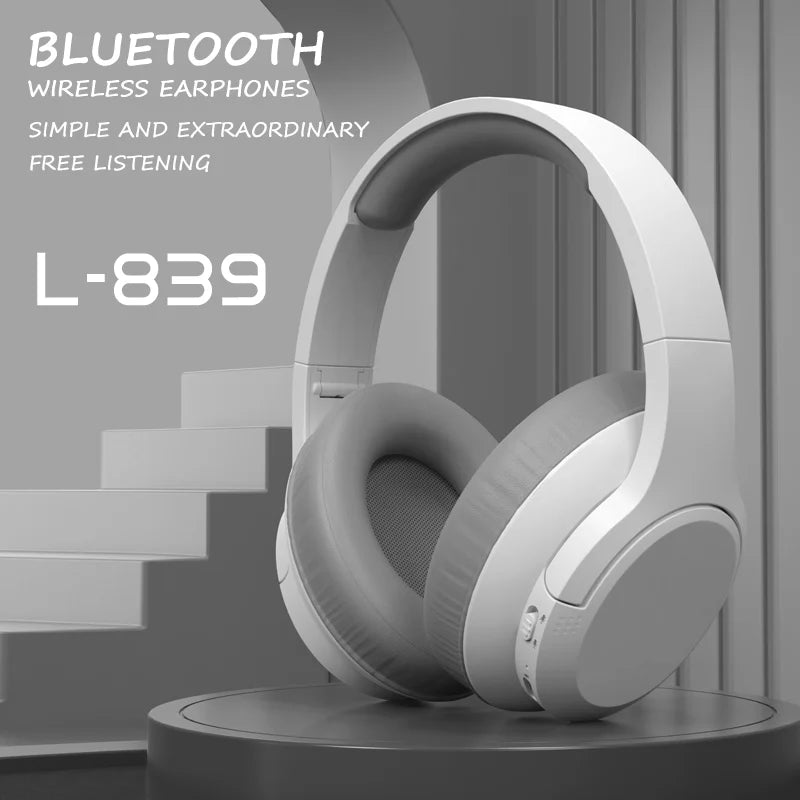 White Bluetooth wireless headphones on a gray background with text about the product.