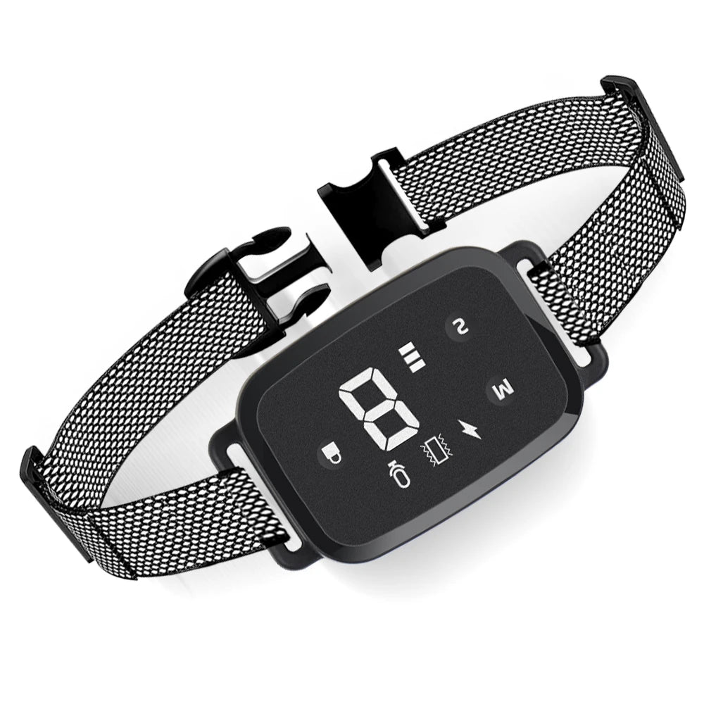 Black electronic dog collar with digital display on a white background