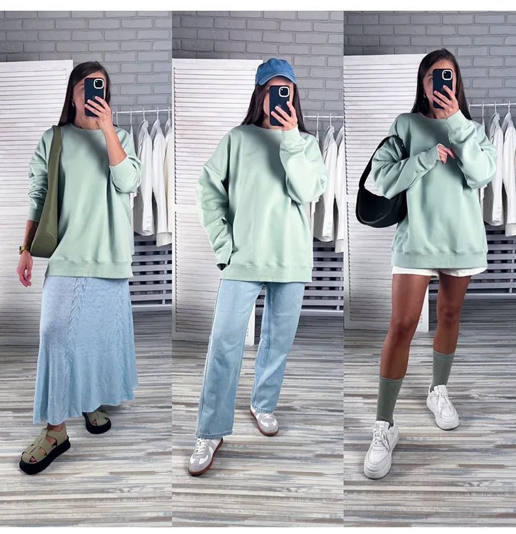 Blue Cotton Oversize Sweatshirt for Women – O-Neck Loose Pullover - Adistore