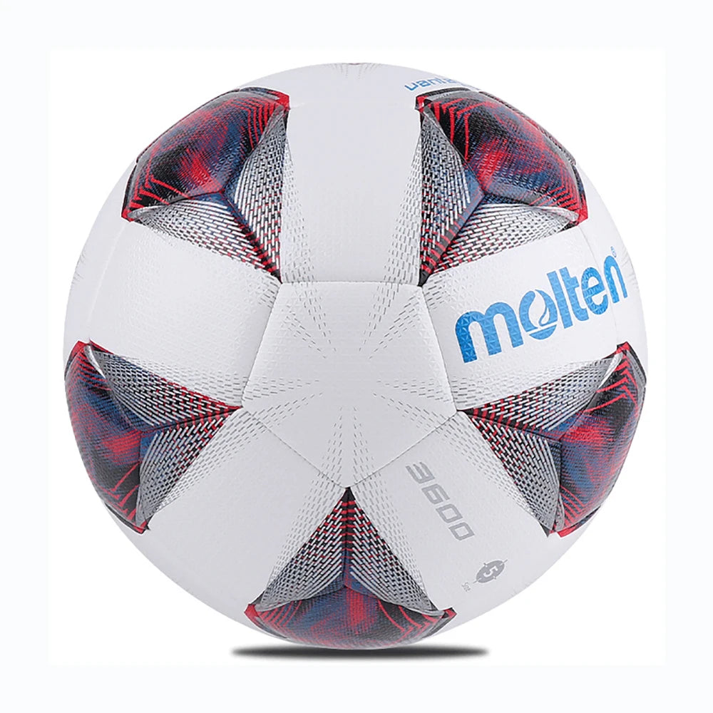 White soccer ball with red and blue patterns on a white background, featuring the brand 'Molten'.