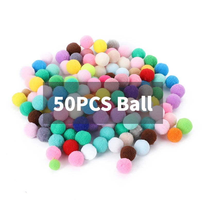 Multicolored pom-pom balls with '50PCS Ball' text on a white background