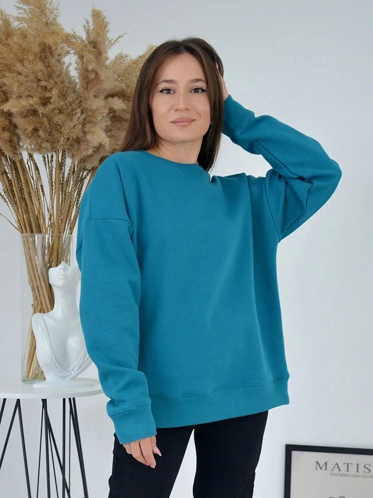 Blue Cotton Oversize Sweatshirt for Women – O-Neck Loose Pullover
