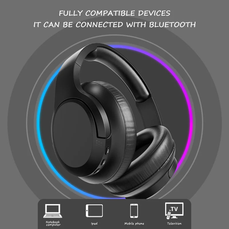 Black headphones with Bluetooth compatibility text and icons on a gray background