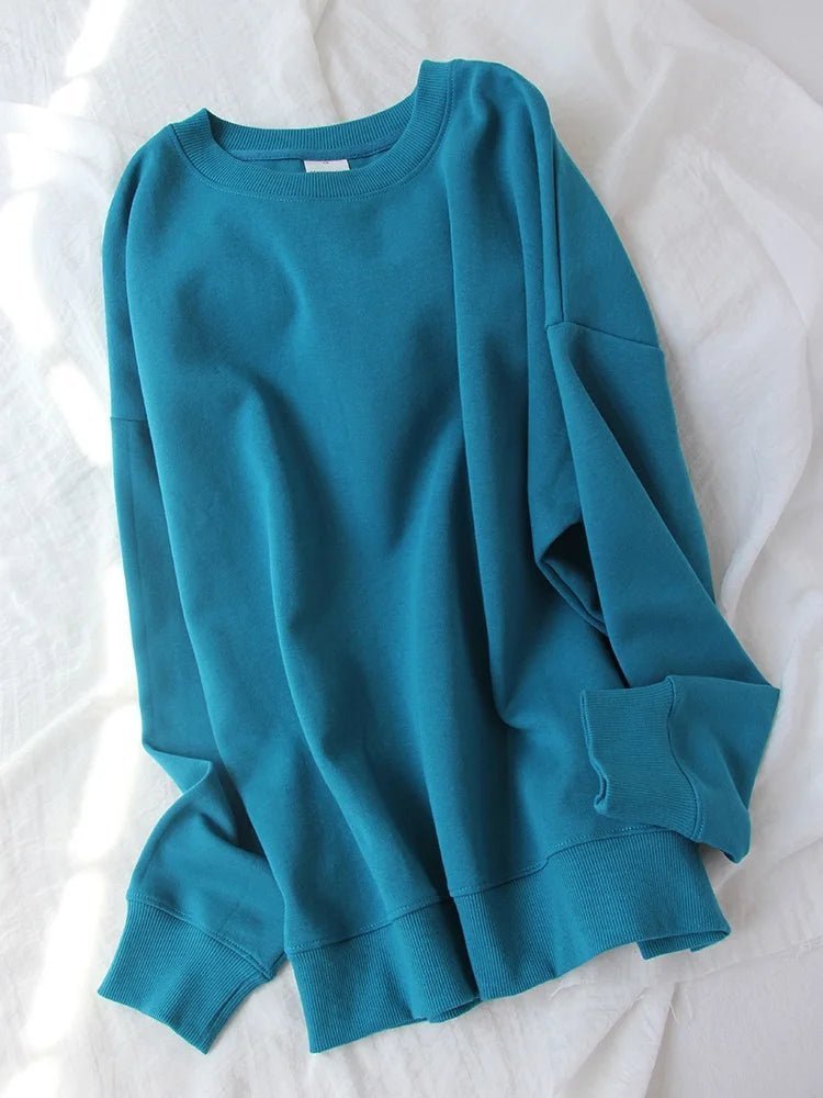 Blue Cotton Oversize Sweatshirt for Women – O-Neck Loose Pullover