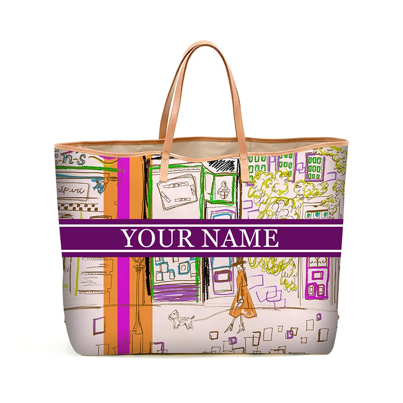 Custom Letter Stripe Tote Bag – Large Book & Travel Handbag for Women - Adistore