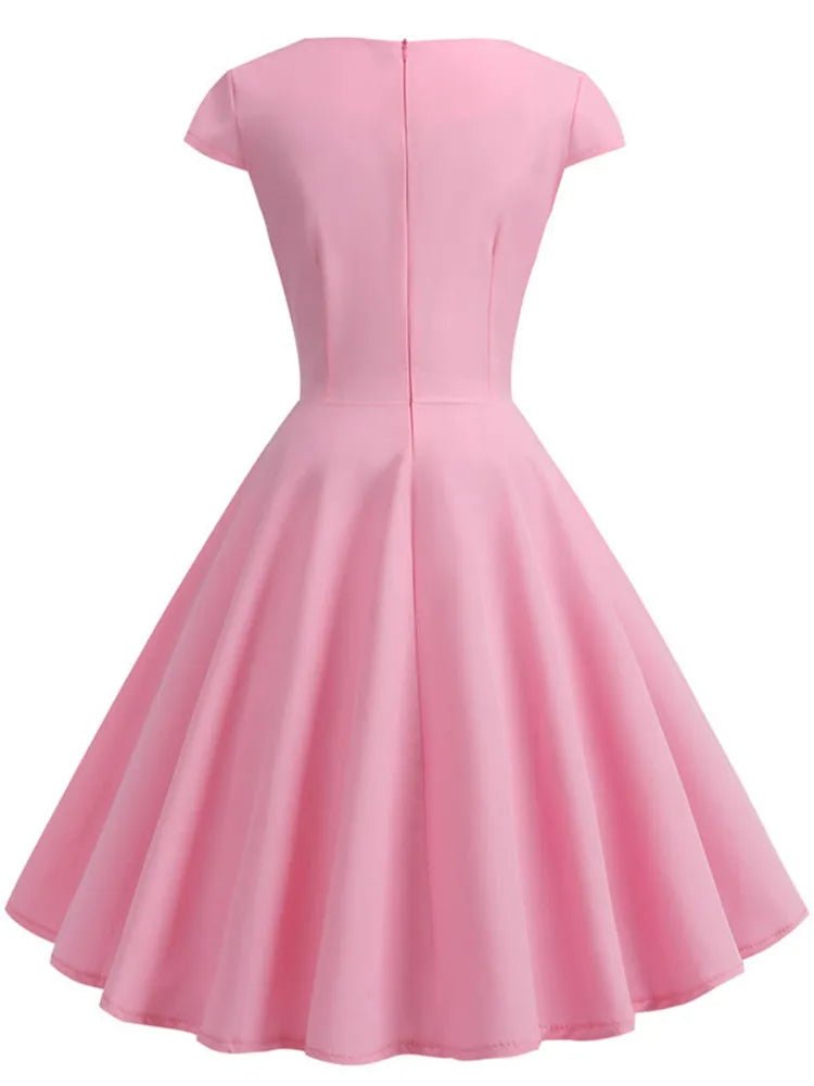 Pink V-Neck Summer Midi Dress – Retro Pin-Up Party & Office Style - Adistore