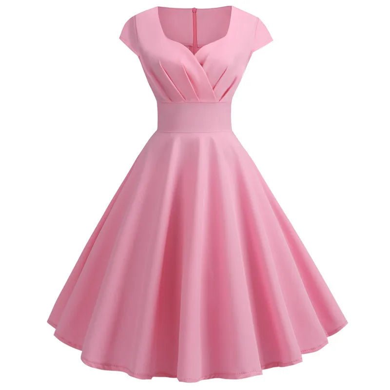 Pink V-Neck Summer Midi Dress – Retro Pin-Up Party & Office Style - Adistore