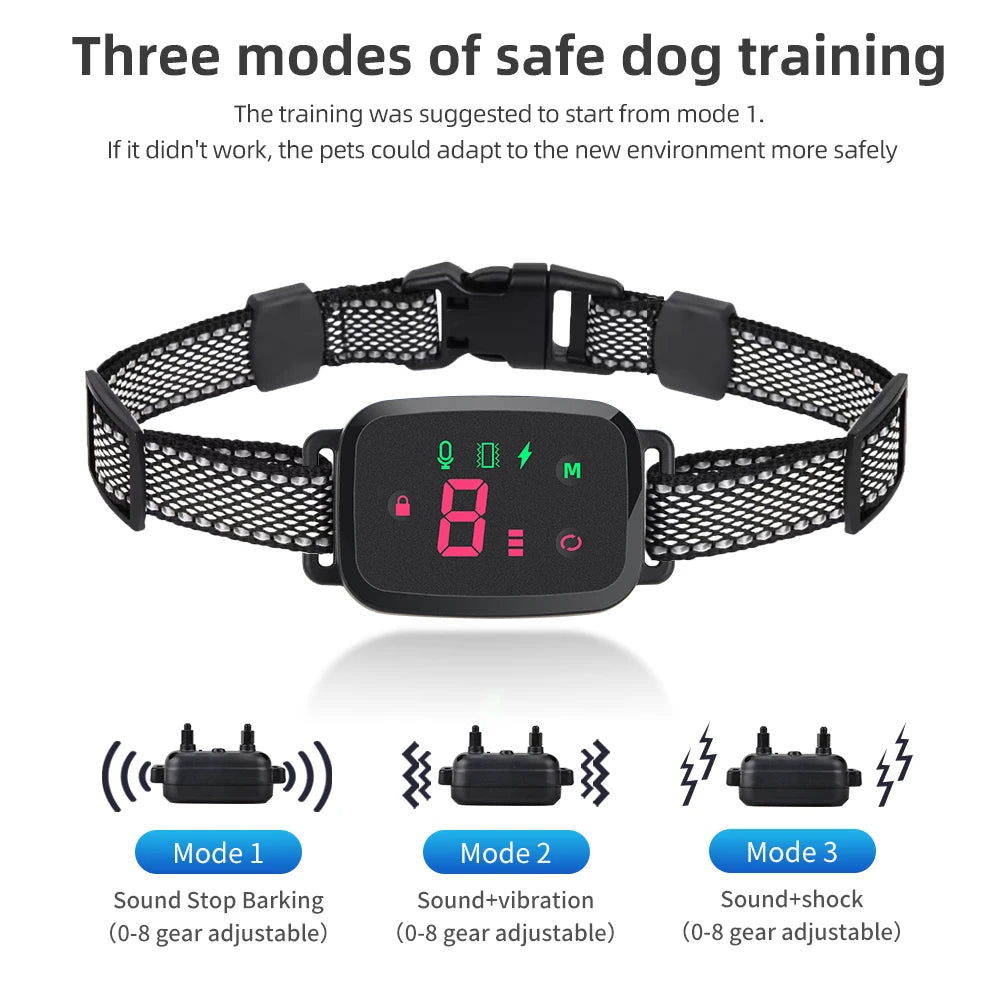 Dog training collar with digital display and mode selection on a white background