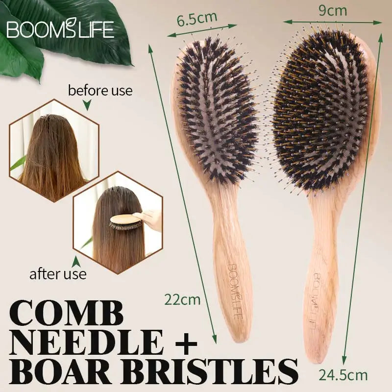 Boar Bristle Hair Brush & Oak Wood Comb – Scalp Massage & Detangling - Adistore