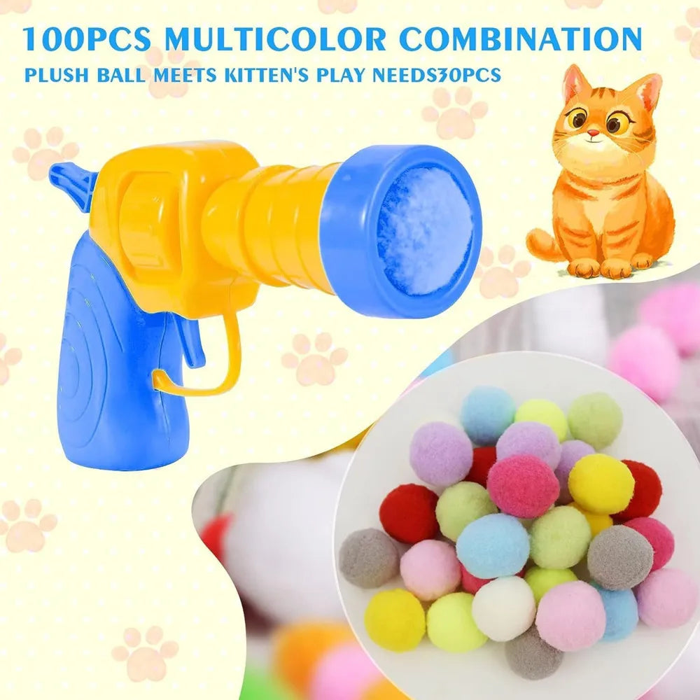 Cat toy set with colorful plush balls and a toy gun, featuring a cat illustration.