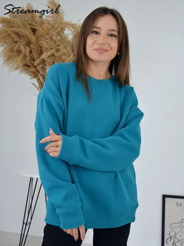Blue Cotton Oversize Sweatshirt for Women – O-Neck Loose Pullover - Adistore