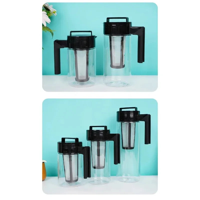 Set of black and clear plastic containers with handles on a light blue background