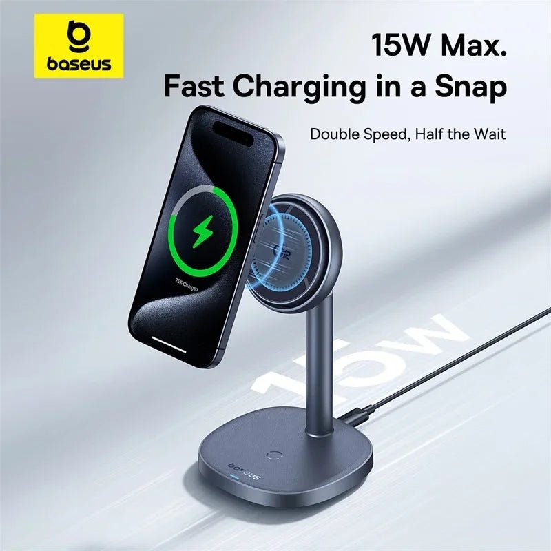 Baseus 2-in-1 Magnetic Wireless Charger Stand – 15W Qi2 for iPhone & AirPods - Adistore
