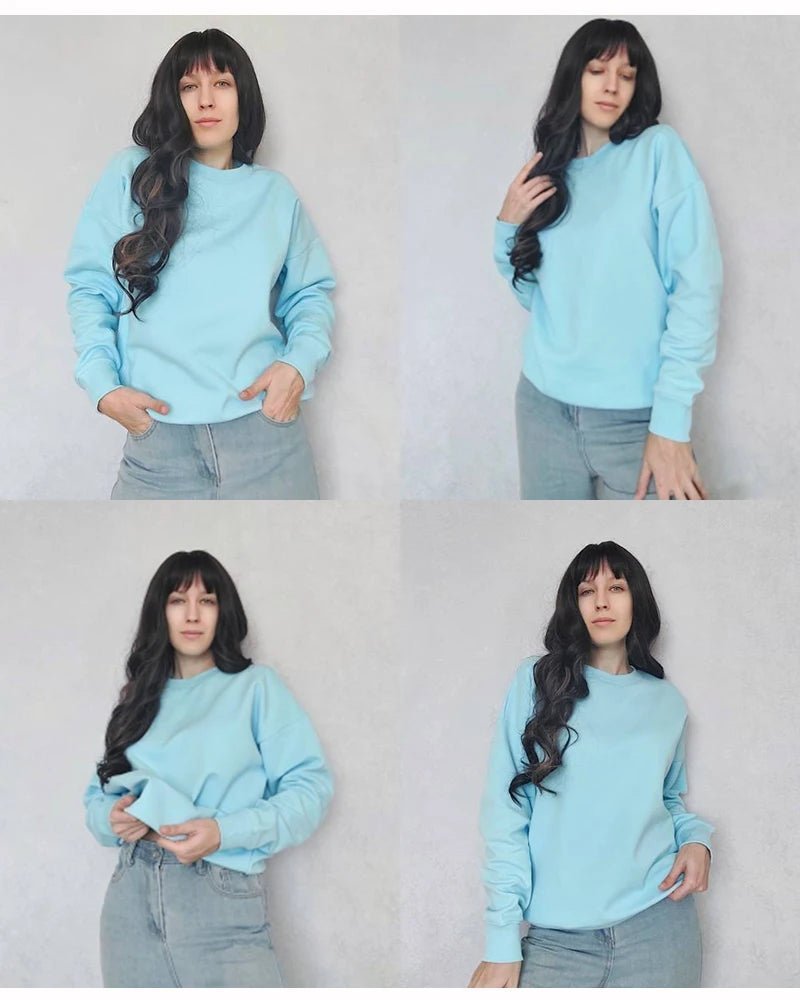Blue Cotton Oversize Sweatshirt for Women – O-Neck Loose Pullover