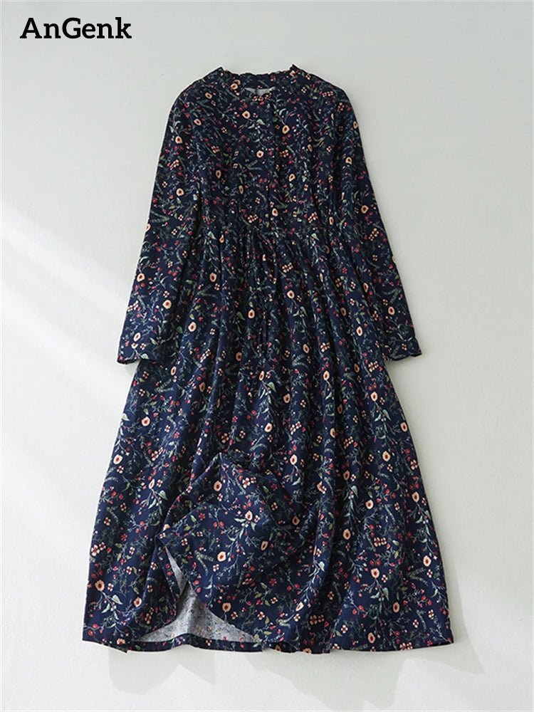 Vintage-style cotton floral print dress for women with long sleeves – ideal for spring and autumn