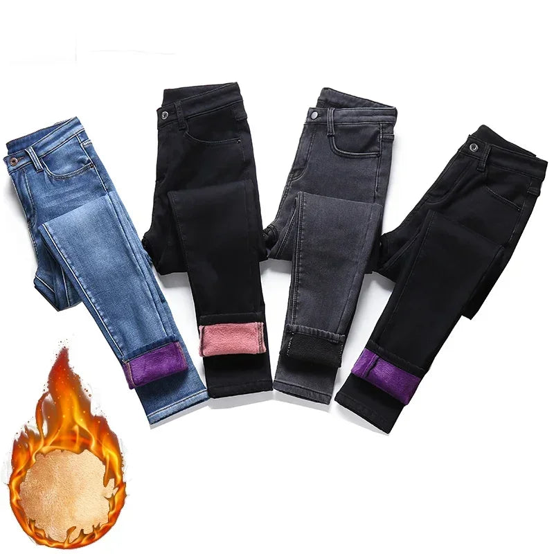 Women’s Thermal Skinny Fleece Jeans – Winter Warm Stretch Denim - Adistore