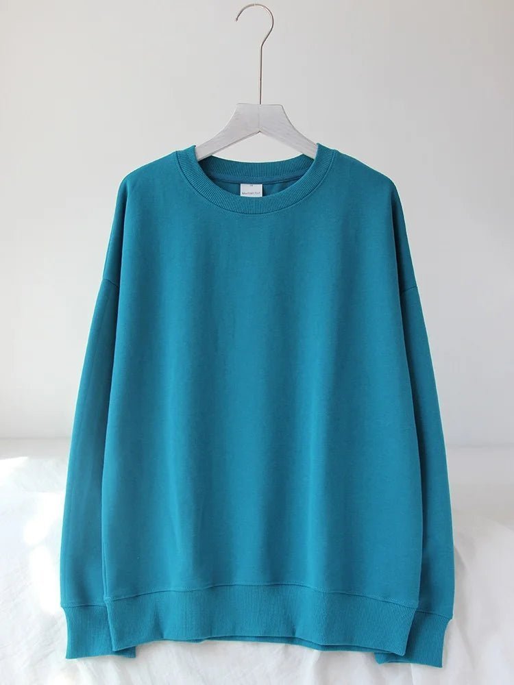 Blue Cotton Oversize Sweatshirt for Women – O-Neck Loose Pullover