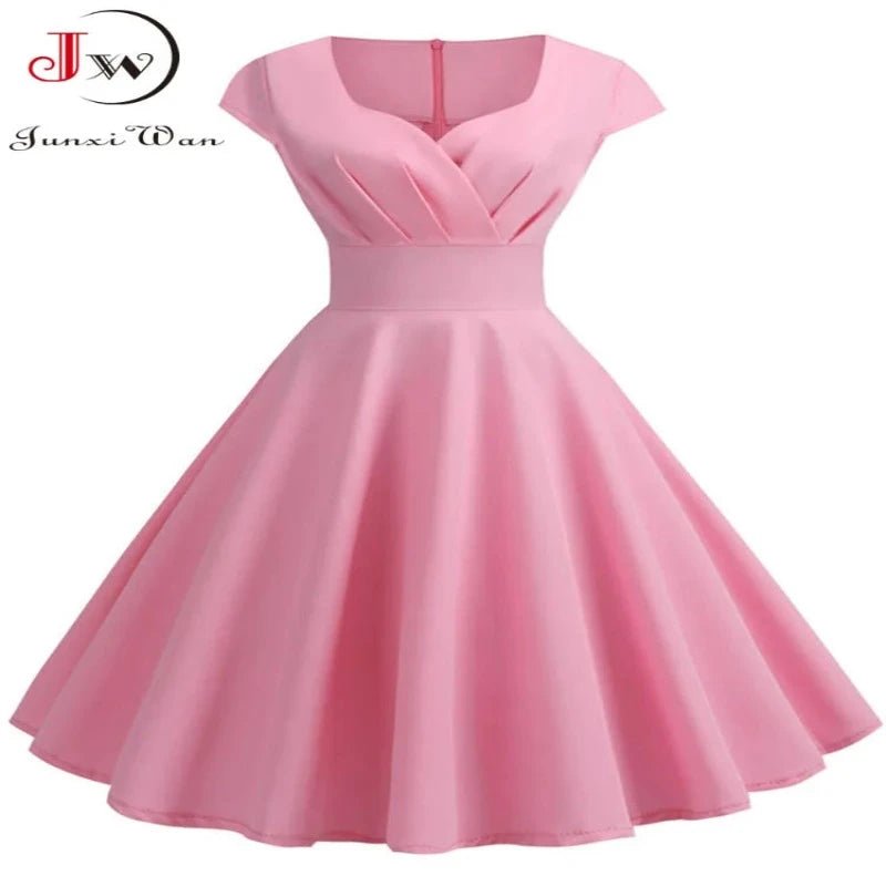 Pink V-Neck Summer Midi Dress – Retro Pin-Up Party & Office Style - Adistore
