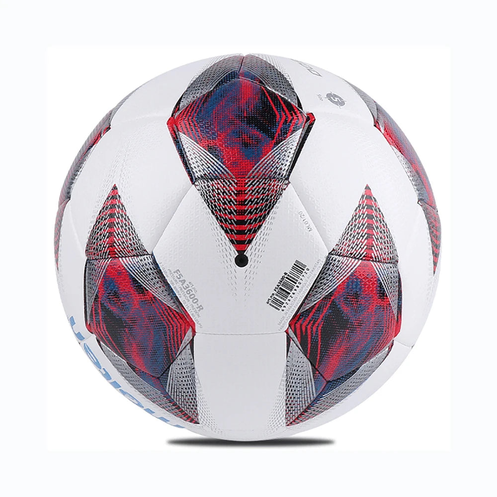 White soccer ball with red and blue pattern on a white background