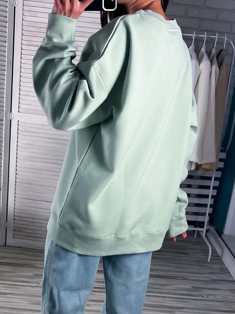 Blue Cotton Oversize Sweatshirt for Women – O-Neck Loose Pullover - Adistore