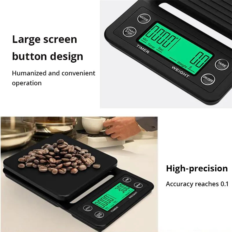 Digital kitchen scale with large screen and button design, weighing coffee beans.