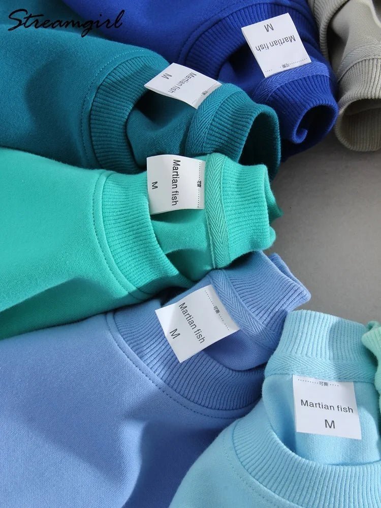 Blue Cotton Oversize Sweatshirt for Women – O-Neck Loose Pullover