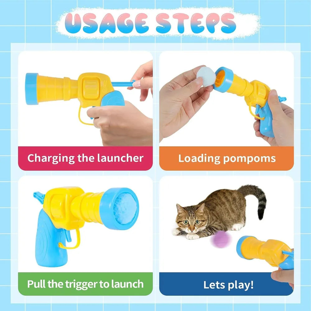 Step-by-step guide on how to use a toy gun with pom-poms for cats, including charging, loading, and playing.