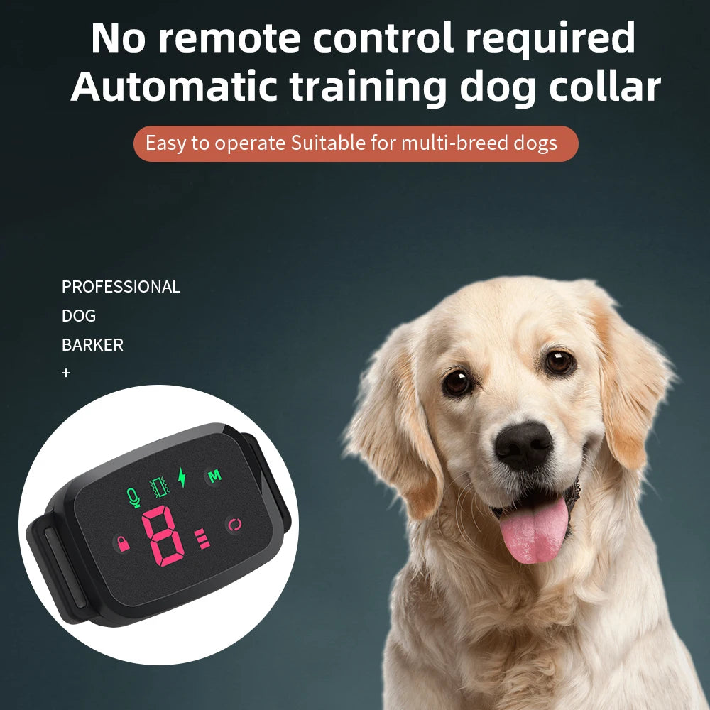 Dog collar with digital display and text about automatic training, suitable for multi-breed dogs.