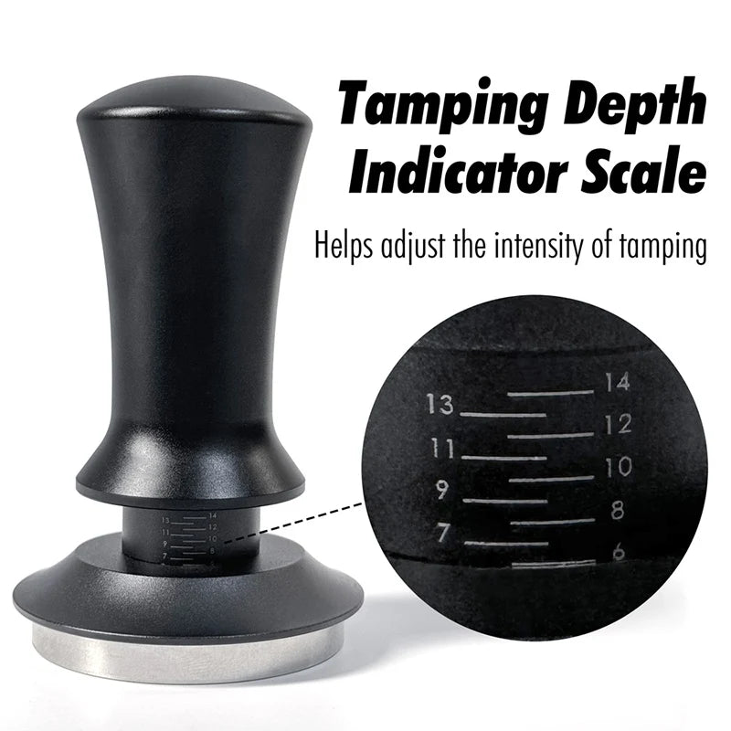 Black and silver tamp with tamping depth indicator scale on a white background