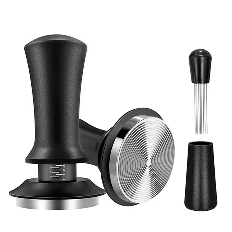 Black and silver coffee tamper with additional components on a white background