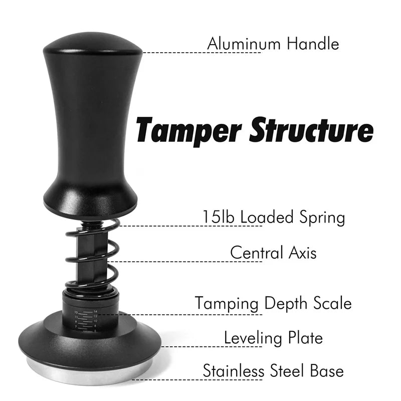 Coffee tamper with labeled components on a white background