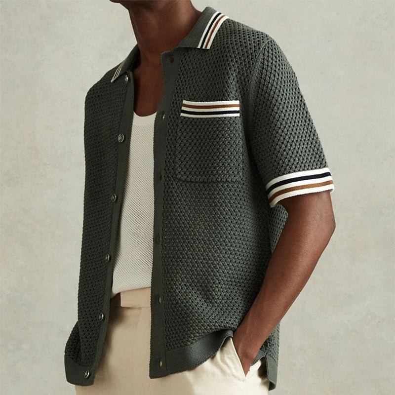 Casual Hollow Out Knitted Men's Shirt with Vintage Pockets, perfect for a stylish and comfortable casual look.