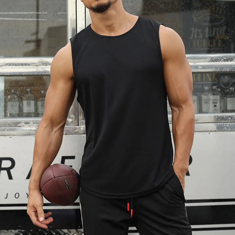 Men’s quick-dry sleeveless gym tank top for running, training, and bodybuilding in breathable athletic fabric.