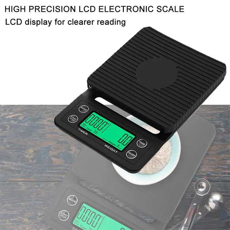 Digital kitchen scale with a green LCD display on a wooden surface