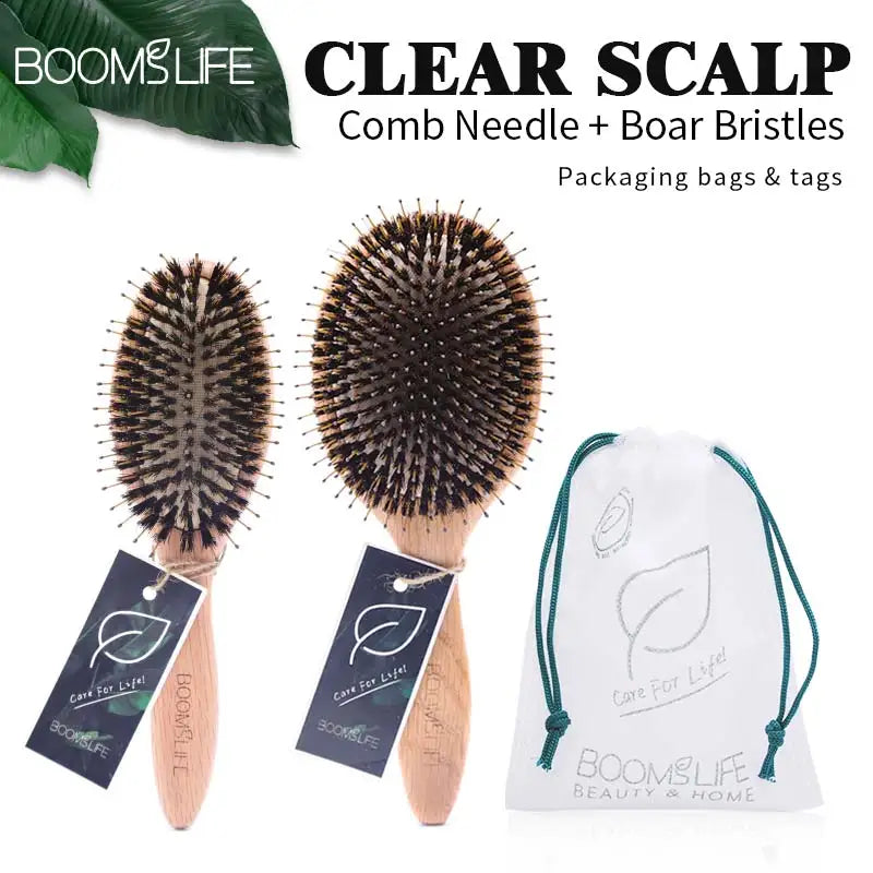 Boar Bristle Hair Brush & Oak Wood Comb – Scalp Massage & Detangling - Adistore