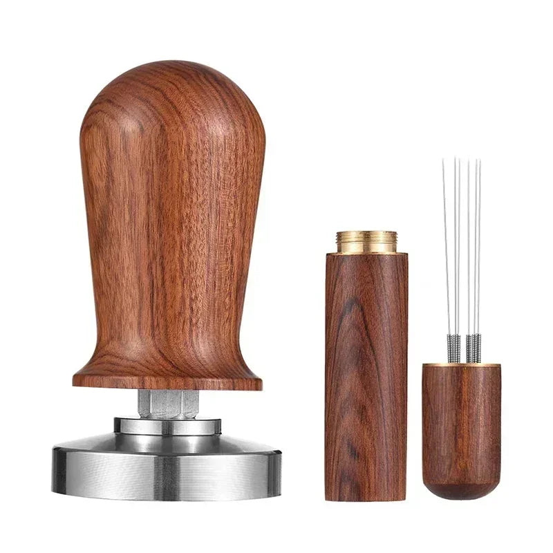 Wooden coffee tamper and accessories on a white background