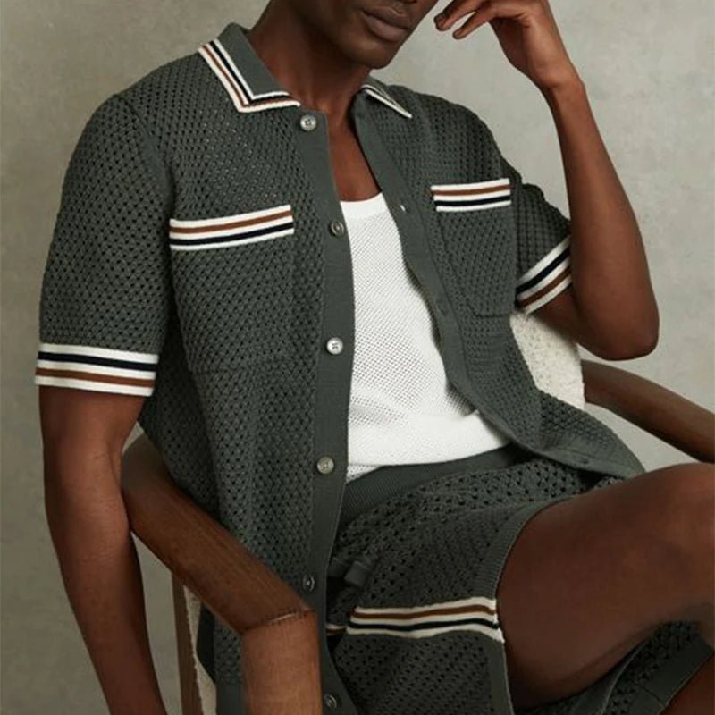 Casual Hollow Out Knitted Men's Vintage Shirt with Pockets - Adistore