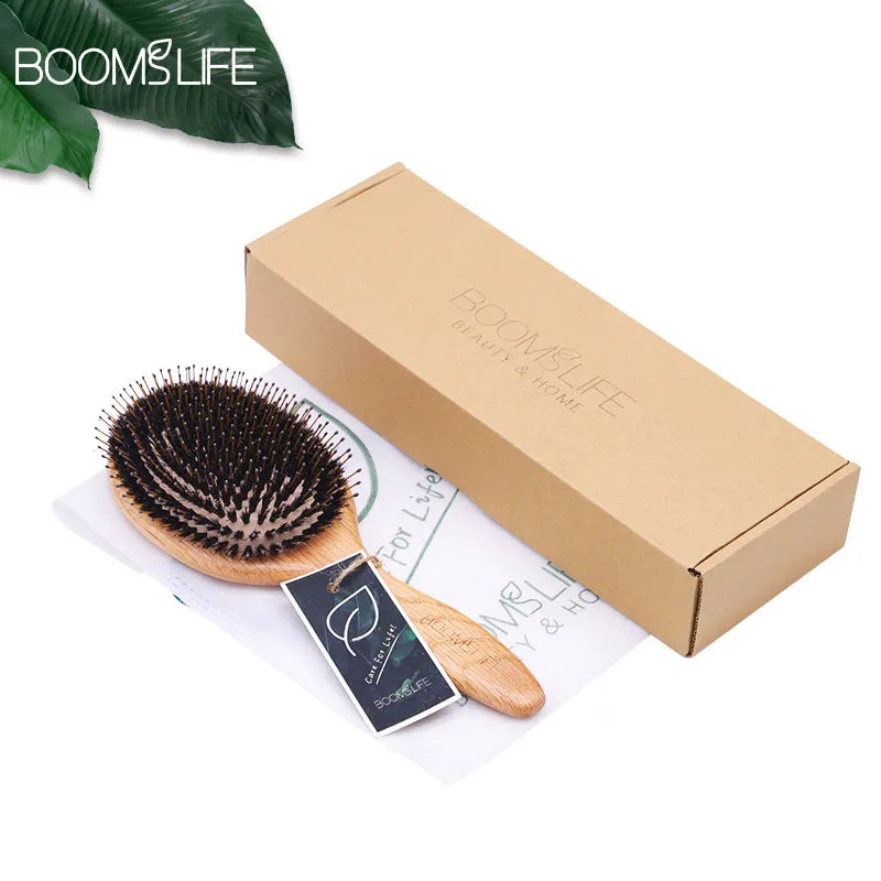 Boar Bristle Hair Brush & Oak Wood Comb – Scalp Massage & Detangling - Adistore