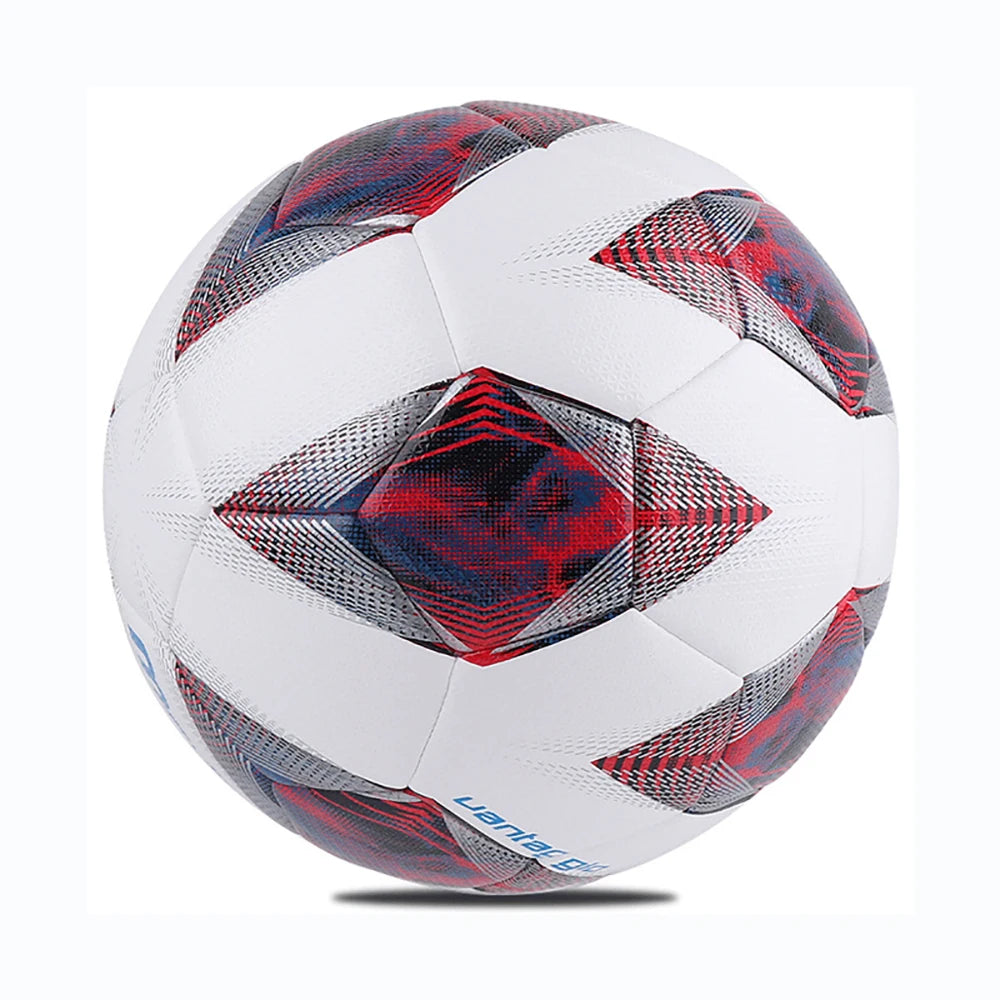 White soccer ball with red and blue patterns on a white background