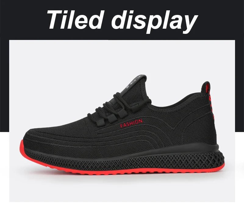 Breathable safety shoes with steel toe caps, mesh upper, and slip-resistant sole for men and women work sneakers.