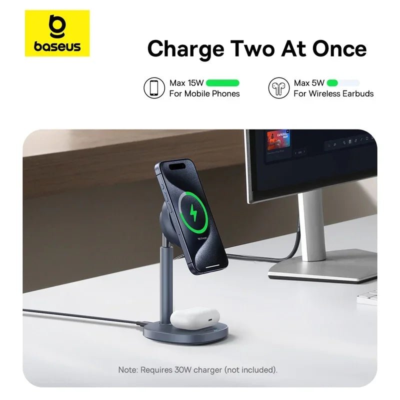 Baseus 2-in-1 Magnetic Wireless Charger Stand – 15W Qi2 for iPhone & AirPods - Adistore