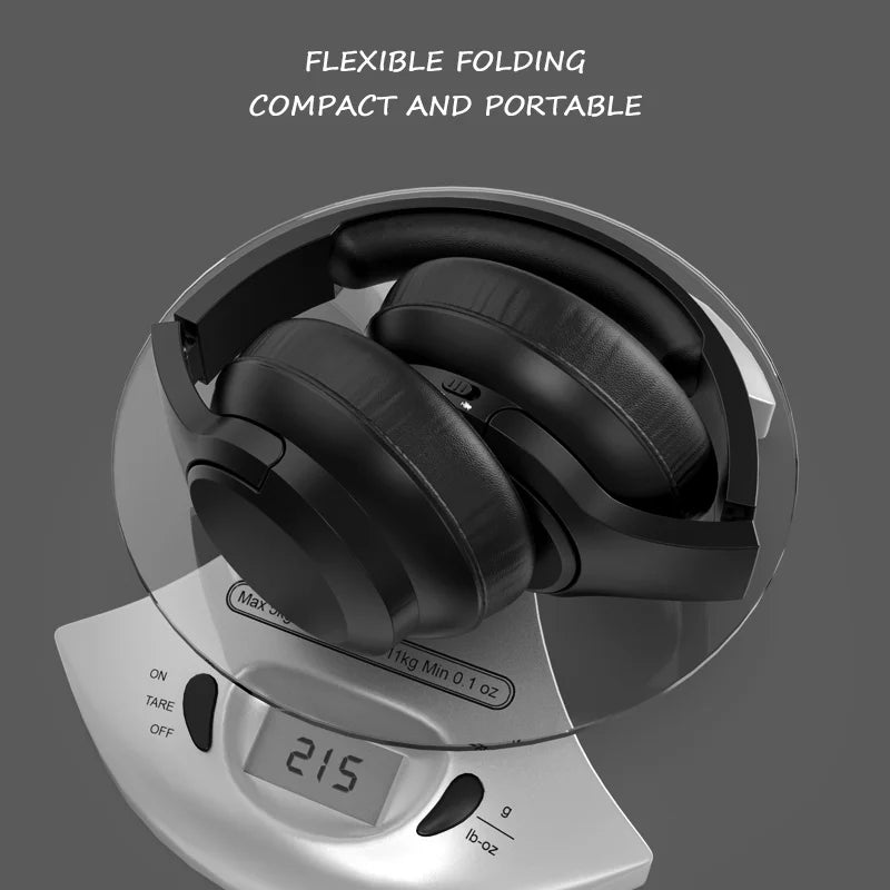 Black headphones on a digital scale displaying weight, with text 'Flexible folding, compact and portable' on a gray background.
