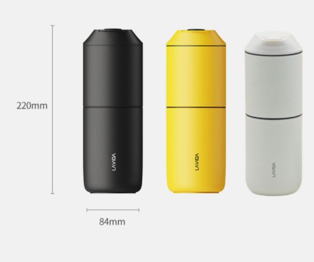 Three LAVIDA branded travel mugs in black, yellow, and white with measurements on a white background.