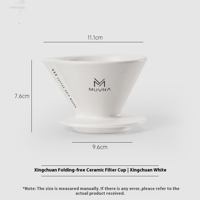 White ceramic filter cup with MUVNA branding and measurements on a white background