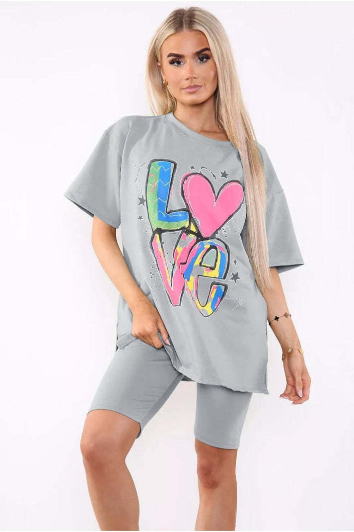 Love Side Slit Cycling Short & T-Shirt Co-Ord Set with Front Love Slogan