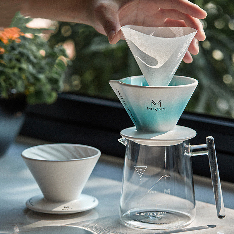 Hoshikawa V60 ceramic coffee dripper with spiral ridges for pour over brewing.